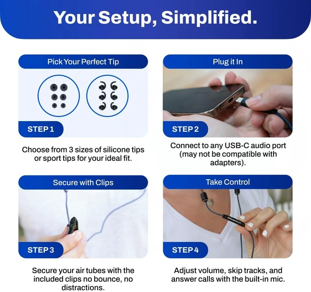 Alt view image 7 of 7 - Air Tube Stereo Earbuds USB-C - Universal Acoustic Wired Headphones with Mic & Volume Control