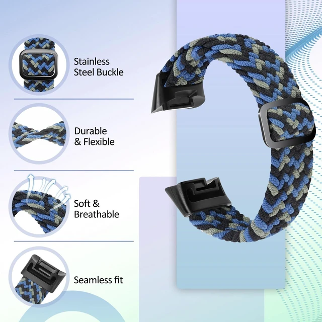 Alt view image 3 of 7 - Elastic Braided Bands Compatible with Fitbit Charge 5/Fitbit Charge 6 for Women Men, Breathable Adjustable Stretchy Nylon Loop Sport Replacement Wristbands for Fitbit Charge 6 Charge 5 Straps