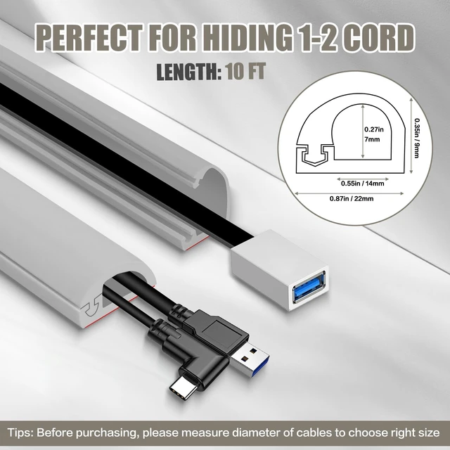 Alt view image 7 of 7 - Cord Wall Cover, 118in Self-Adhesive Wire Covers for Cords on Wall, Extension Cable Hider for Floor, Mounted Tv, Home and Office Cavity 0.63" Wx0.31 H