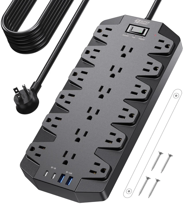 Main image of 18 AC Power Strip Surge Protector, 15FT, Flat Plug, 1875W/15A Black, 2100J, with 4 USB Ports, Heavy Duty Extension Cord, Wall Mount Holes for Gaming Room, Home, Office, Dorm