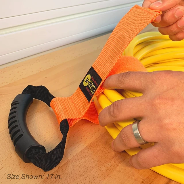 Alt view image 6 of 7 - Easy-Carry Straps - 17" (2-Pack) Blaze Orange Heavy-Duty Hook and Loop Cord Carrying Strap, Hanger, and Organizer with Handle for Pool Hoses, Garden Hoses, Cords, Cables
