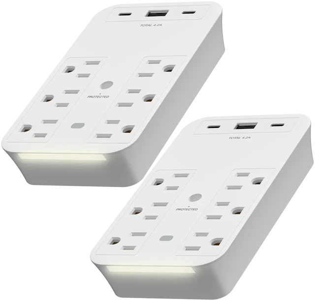 Main image of 6-Outlet Surge Expander, Surge Protector Up to 1500J, 2-Pack Matte White, 2 Type C & 1 Type A USB Outlet Extender, LED Indicator, UL Listed, Thermoplastic, USB-C