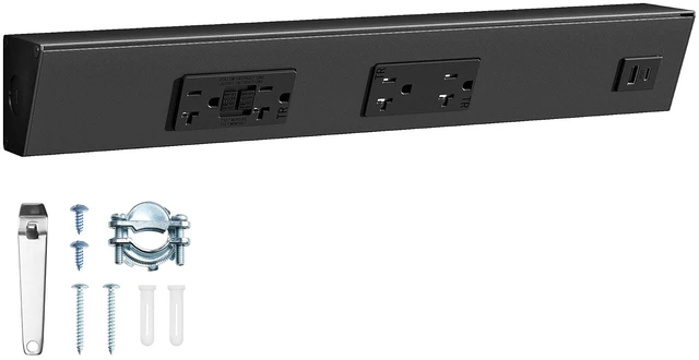 Main image of 16 in Under Cabinet Power Strip with GFCI Outlet, Hardwire 20A GFCI + 20A TR Outlet, USB-A & USB-C, Angled Outlet Design, 2500W Rating, Modular No-Cut Extension System, ETL Listed