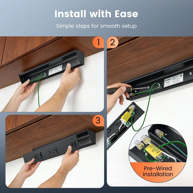 Alt view image 5 of 7 - 16 in Under Cabinet Power Strip with GFCI Outlet, Hardwire 20A GFCI + 20A TR Outlet, USB-A & USB-C, Angled Outlet Design, 2500W Rating, Modular No-Cut Extension System, ETL Listed