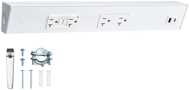 Main image of 16 in Under Cabinet Hardwired Power Strip with GFCI Outlet 2500W Rating, 20A GFCI + 20A TR Outlet with USB-A & USB-C, Recessed Power Strip with Angled Outlet Design, ETL Listed