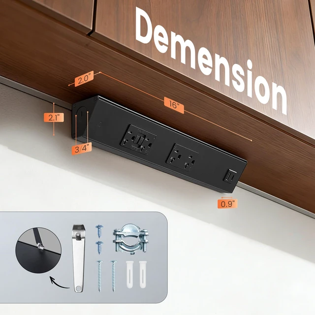 Alt view image 7 of 7 - 16 in Under Cabinet Power Strip with GFCI Outlet, Hardwire 20A GFCI + 20A TR Outlet, USB-A & USB-C, Angled Outlet Design, 2500W Rating, Modular No-Cut Extension System, ETL Listed