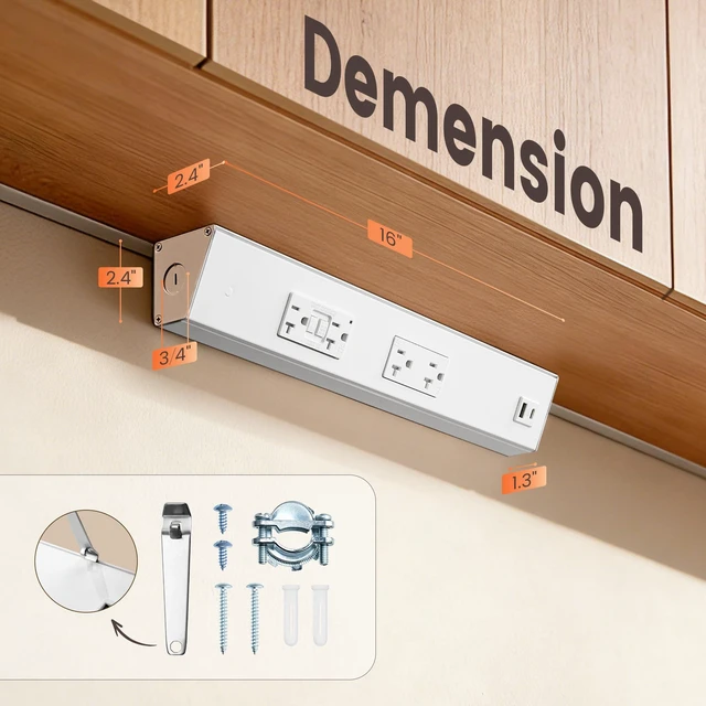 Alt view image 7 of 7 - 16 in Under Cabinet Hardwired Power Strip with GFCI Outlet 2500W Rating, 20A GFCI + 20A TR Outlet with USB-A & USB-C, Recessed Power Strip with Angled Outlet Design, ETL Listed