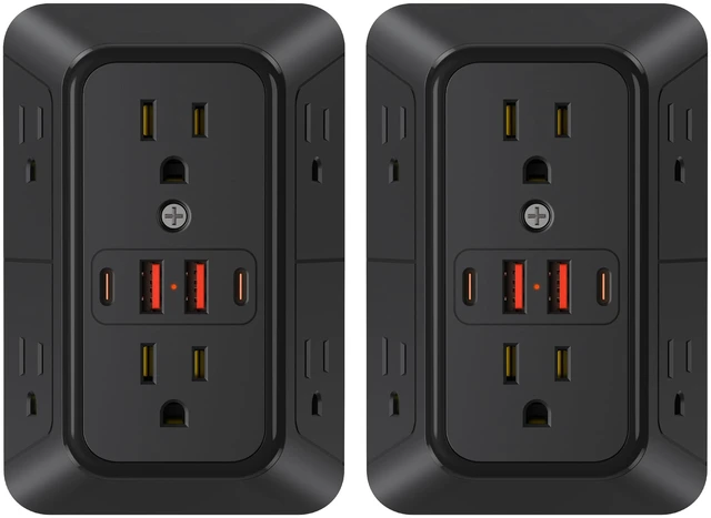 Main image of 2 Pack 6-Outlet Extender Black, 4 USB Multi Plug Wall Outlet(2 USB C) Multi Plug Wall Outlet,6 Outlet Splitter,3-Sided Power Strip,Wide Space Wall Adapter for Home Office Kitchen Travel