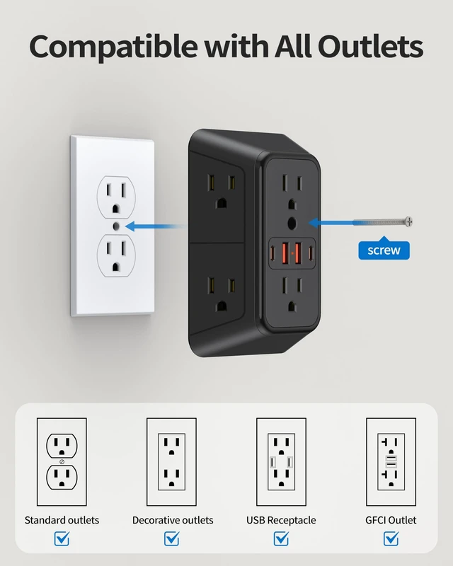 Alt view image 3 of 6 - Black 6-Outlet Extender 1050 Joules, 4 USB Multi Plug Wall Outlet(2 USB C) Multi Plug Wall Outlet,6 Outlet Splitter,3-Sided Power Strip,Wide Space Wall Adapter for Home Office Kitchen Travel