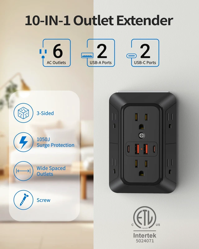 Alt view image 2 of 6 - Black 6-Outlet Extender 1050 Joules, 4 USB Multi Plug Wall Outlet(2 USB C) Multi Plug Wall Outlet,6 Outlet Splitter,3-Sided Power Strip,Wide Space Wall Adapter for Home Office Kitchen Travel