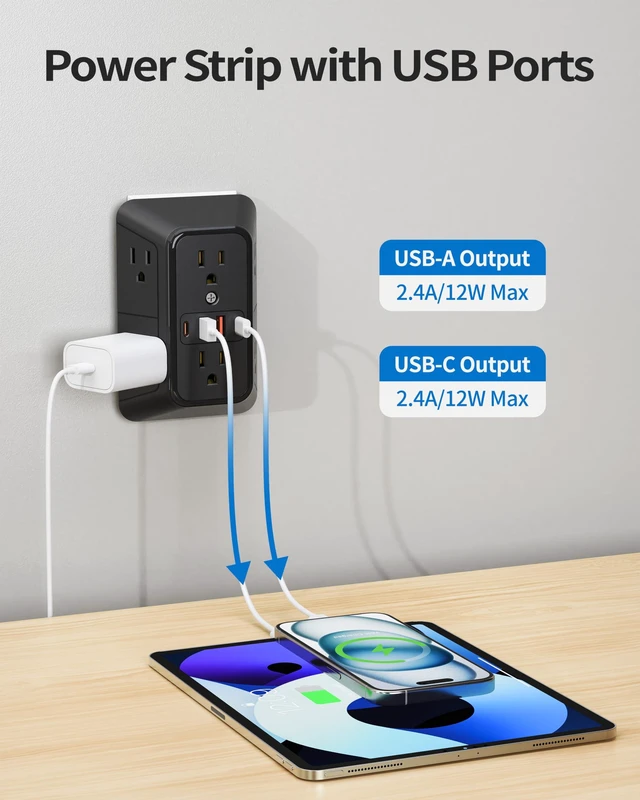 Alt view image 4 of 6 - Black 6-Outlet Extender 1050 Joules, 4 USB Multi Plug Wall Outlet(2 USB C) Multi Plug Wall Outlet,6 Outlet Splitter,3-Sided Power Strip,Wide Space Wall Adapter for Home Office Kitchen Travel