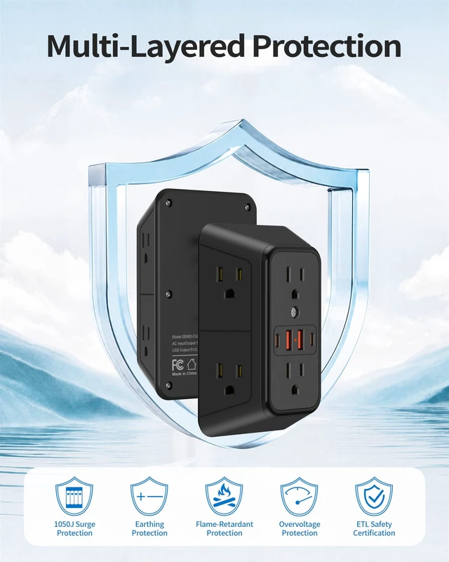 Alt view image 5 of 6 - Black 6-Outlet Extender 1050 Joules, 4 USB Multi Plug Wall Outlet(2 USB C) Multi Plug Wall Outlet,6 Outlet Splitter,3-Sided Power Strip,Wide Space Wall Adapter for Home Office Kitchen Travel