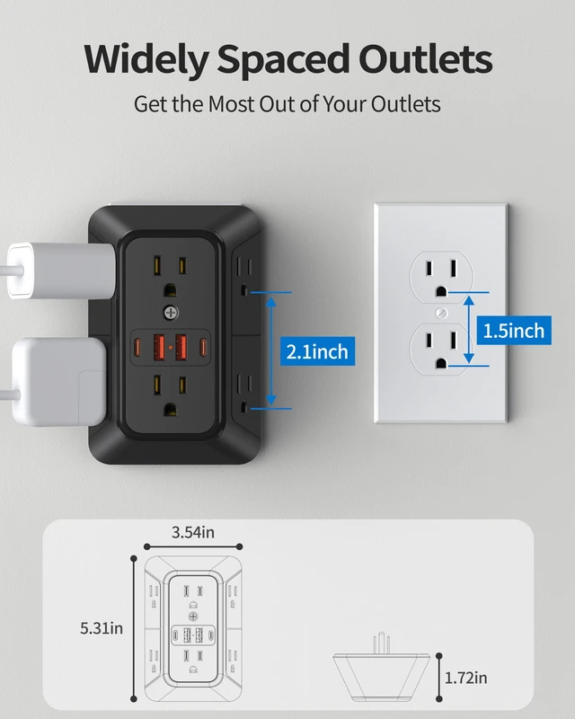 Alt view image 6 of 6 - Black 6-Outlet Extender 1050 Joules, 4 USB Multi Plug Wall Outlet(2 USB C) Multi Plug Wall Outlet,6 Outlet Splitter,3-Sided Power Strip,Wide Space Wall Adapter for Home Office Kitchen Travel