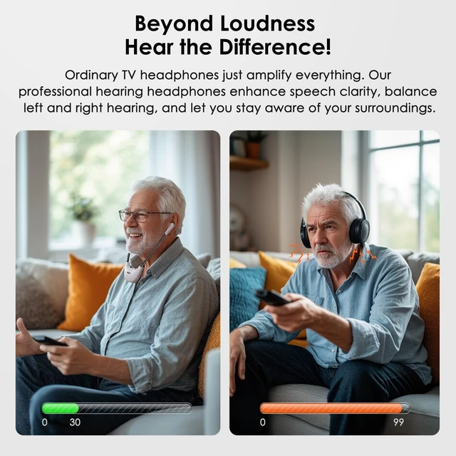 Alt view image 2 of 7 - Wireless TV Headphones for Seniors, TV Hearing Device, 824D1 Clearer Dialog, Boosted Vol, Separate L/R Balance, Extra Battery, Co-work with Sound bar, 3 Tone, Surrounding Sound Listener