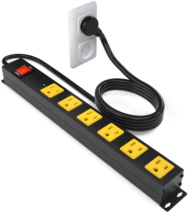 Main image of Heavy Duty 6 Outlet Metal Long Power Strip, 2700J Surge Protector with 15A Circuit Breaker, 10FT Extension Cord, Wall Mount for Garage, Workshop & Industrial Use, Wide Spaced (10ft)
