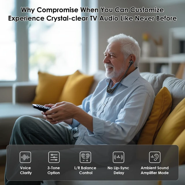 Alt view image 3 of 7 - TV Headphones Wireless for Seniors, Headset for Elderly SM-823D Pro Loud & Clear Voice, L/R Balance & Tone Control, Work with Soundbar, 14 Hrs Rechargeable Battery, Ambient Mode, 164ft Range