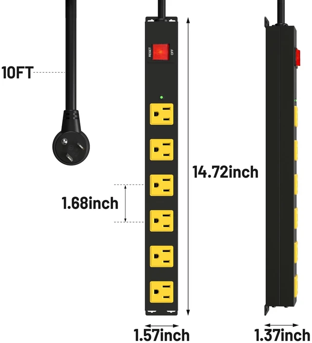 Alt view image 7 of 7 - Heavy Duty 6 Outlet Metal Long Power Strip, 2700J Surge Protector with 15A Circuit Breaker, 10FT Extension Cord, Wall Mount for Garage, Workshop & Industrial Use, Wide Spaced (10ft)