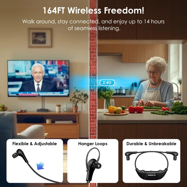 Alt view image 7 of 7 - TV Headphones Wireless for Seniors, Headset for Elderly SM-823D Pro Loud & Clear Voice, L/R Balance & Tone Control, Work with Soundbar, 14 Hrs Rechargeable Battery, Ambient Mode, 164ft Range