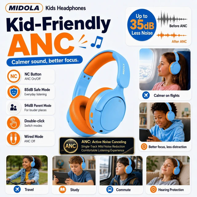 Alt view image 3 of 7 - Kids Bluetooth Headphones Wireless Over-Ear,Active Noise Cancelling,Sky 68Hrs,Volume Limit 85/94dB,Built-in Mic,Adjustable Headband Foldable Lightweight for Toddler School Girls Boys,Stereo Sound
