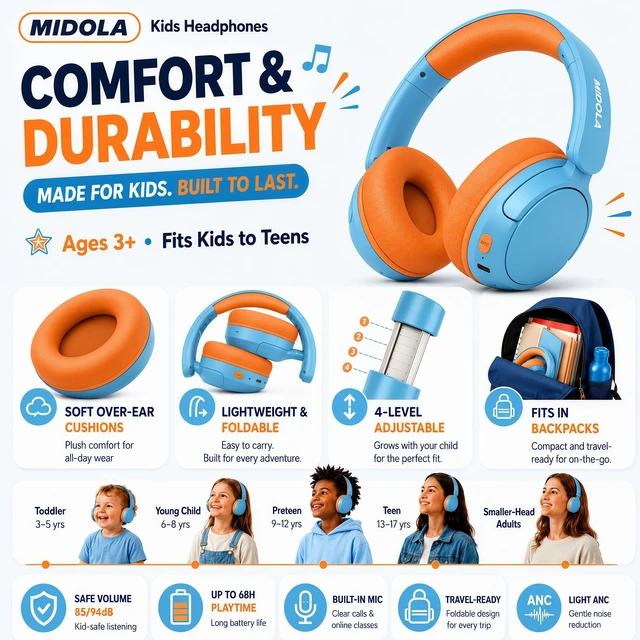 Alt view image 4 of 7 - Kids Bluetooth Headphones Wireless Over-Ear,Active Noise Cancelling,Sky 68Hrs,Volume Limit 85/94dB,Built-in Mic,Adjustable Headband Foldable Lightweight for Toddler School Girls Boys,Stereo Sound