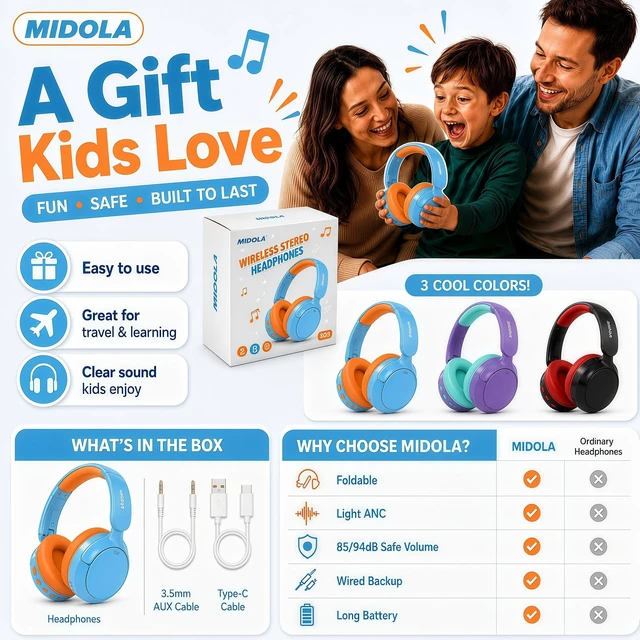 Alt view image 5 of 7 - Kids Bluetooth Headphones Wireless Over-Ear,Active Noise Cancelling,Sky 68Hrs,Volume Limit 85/94dB,Built-in Mic,Adjustable Headband Foldable Lightweight for Toddler School Girls Boys,Stereo Sound