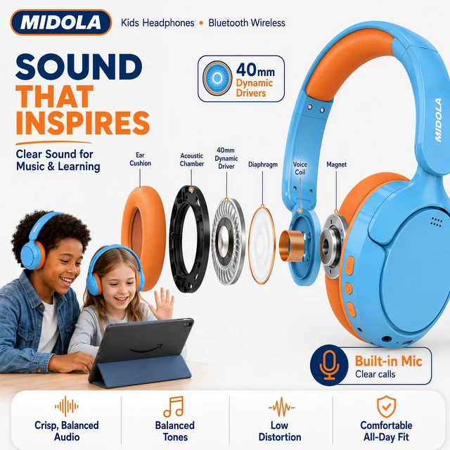 Alt view image 6 of 7 - Kids Bluetooth Headphones Wireless Over-Ear,Active Noise Cancelling,Sky 68Hrs,Volume Limit 85/94dB,Built-in Mic,Adjustable Headband Foldable Lightweight for Toddler School Girls Boys,Stereo Sound