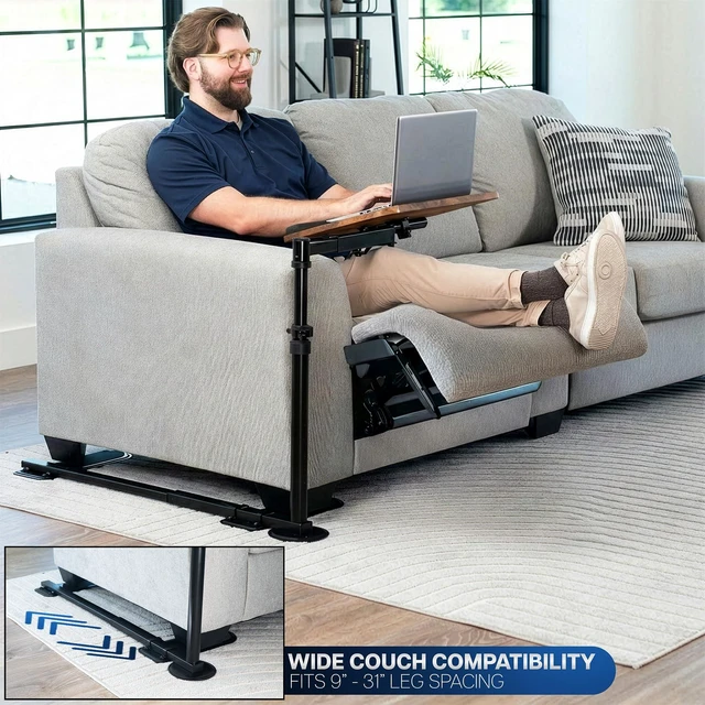 Alt view image 2 of 7 - Vintage Brown 20 in Over Couch Swivel Table, DESK-ST02C-N Laptop Desk for Remote Work, Portable Recliner Workstation with Height Adjustable Swing Arm, Black Frame