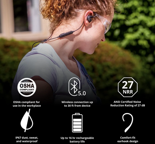 Alt view image 4 of 7 - Pro 2.0 Bluetooth Hearing Protection, OSHA Compliant Work Earbuds 16+ hour battery, IP67 durability, noise-cancelling mic, 27 dB NRR, matte black, professional work hearing protection