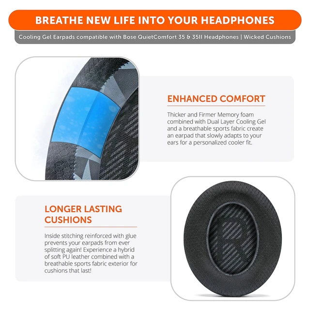 Alt view image 4 of 7 - Freeze QC35 - Cooling Gel Ear Pads for Bose QuietComfort 35 & 35ii Made by Wicked Cushions Breathable Sports Fabric, Extra Thick & Cooler for Longer Geo Grey
