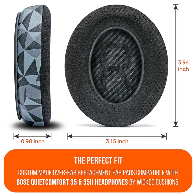 Alt view image 5 of 7 - Freeze QC35 - Cooling Gel Ear Pads for Bose QuietComfort 35 & 35ii Made by Wicked Cushions Breathable Sports Fabric, Extra Thick & Cooler for Longer Geo Grey
