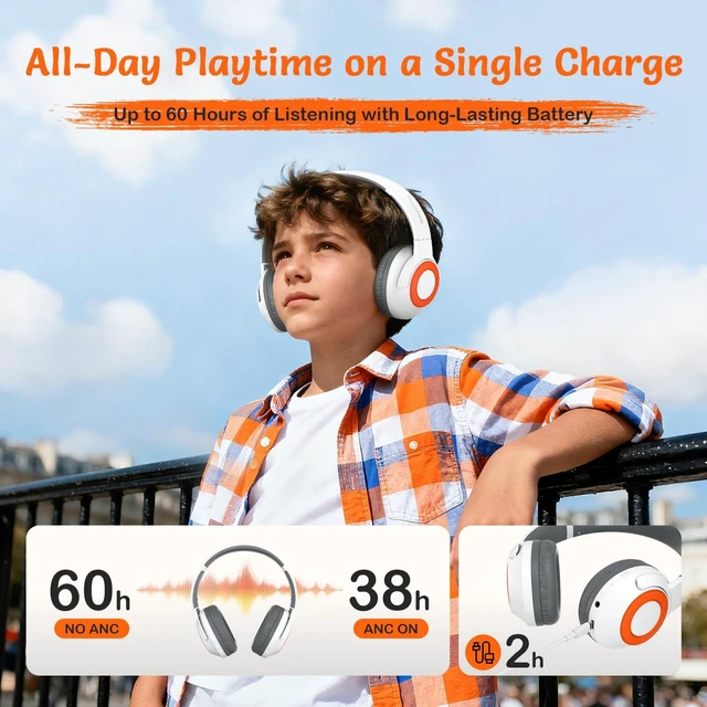 Alt view image 6 of 7 - Kids Bluetooth Headphones with ANC for School Travel Gift (White Orange)