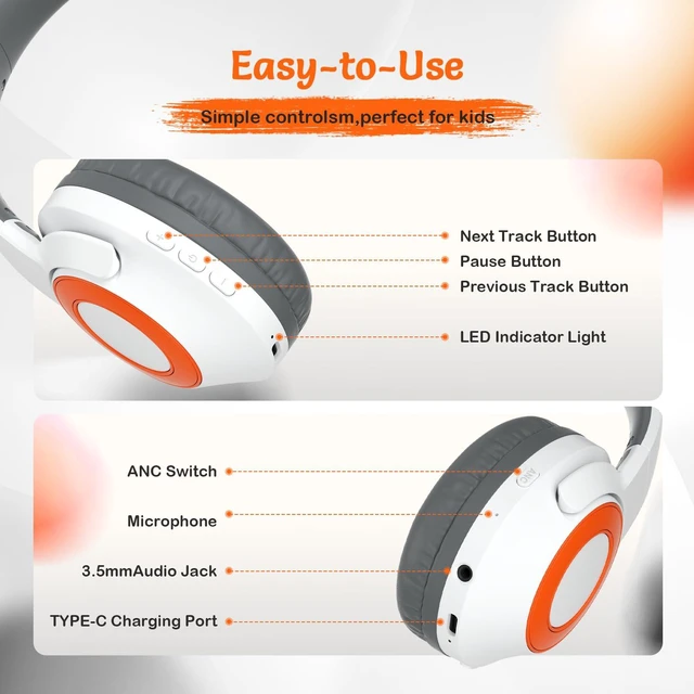 Alt view image 7 of 7 - Kids Bluetooth Headphones with ANC for School Travel Gift (White Orange)