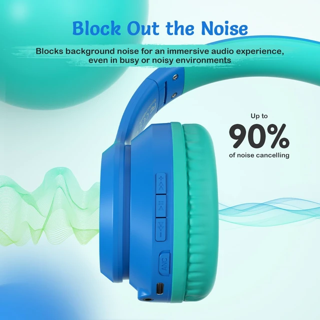 Alt view image 3 of 7 - Kids Bluetooth Headphones with ANC for School Travel Gift Wireless Over-Ear Headphones for Boys Girls, Foldable, Adjustable, Safe Volume, 40H Playtime, Mic for School Travel