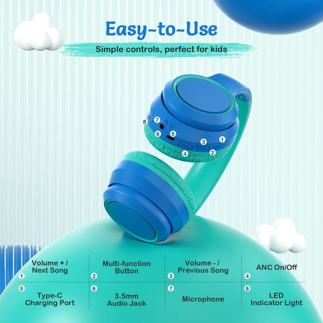 Alt view image 4 of 7 - Kids Bluetooth Headphones with ANC for School Travel Gift Wireless Over-Ear Headphones for Boys Girls, Foldable, Adjustable, Safe Volume, 40H Playtime, Mic for School Travel