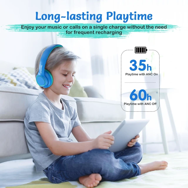 Alt view image 7 of 7 - Kids Bluetooth Headphones with ANC for School Travel Gift Wireless Over-Ear Headphones for Boys Girls, Foldable, Adjustable, Safe Volume, 40H Playtime, Mic for School Travel