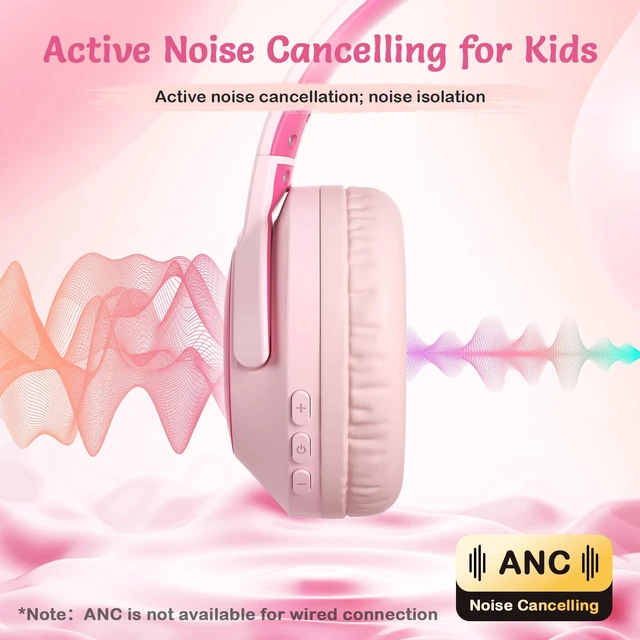 Alt view image 2 of 7 - Kids Bluetooth Headphones with ANC for School Travel Gift (Rose Pink)