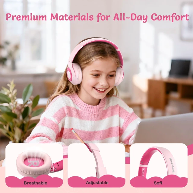 Alt view image 3 of 7 - Kids Bluetooth Headphones with ANC for School Travel Gift (Rose Pink)