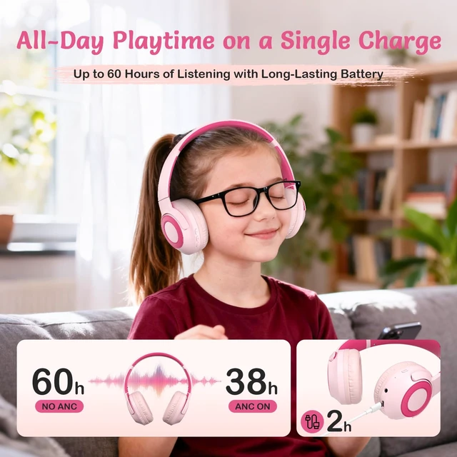 Alt view image 6 of 7 - Kids Bluetooth Headphones with ANC for School Travel Gift (Rose Pink)