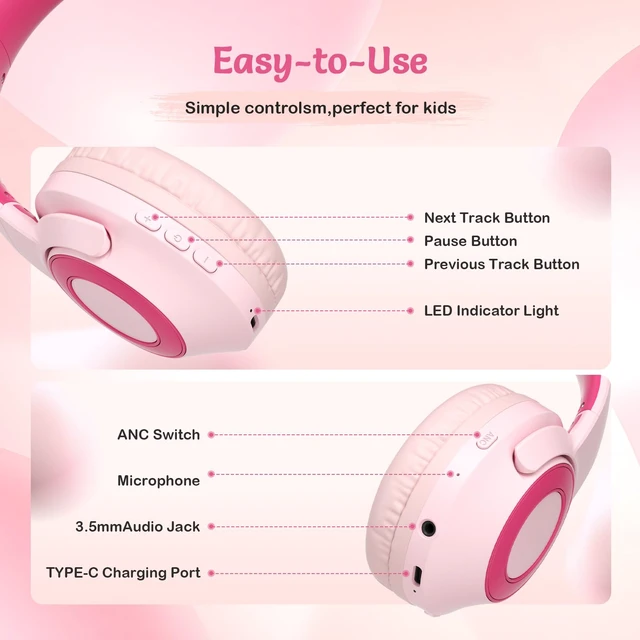 Alt view image 7 of 7 - Kids Bluetooth Headphones with ANC for School Travel Gift (Rose Pink)