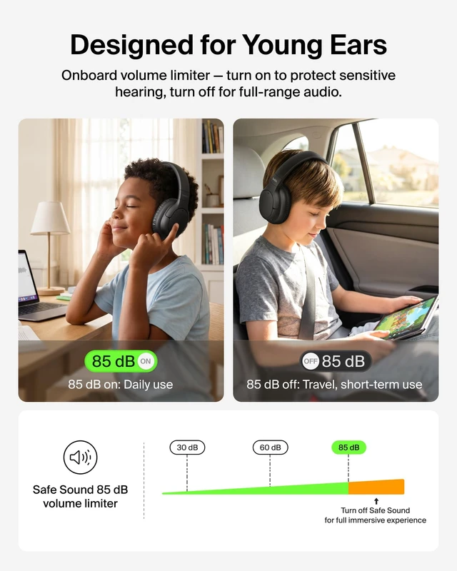 Alt view image 2 of 7 - SoundForm Noise Cancelling Headphones for Kids, Wired & Wireless Play ANC, 60H Playtime, Built-in Microphone, Audio Sharing, 85dB Safe Volume Limit, Foldable, for School, Classroom, Travel