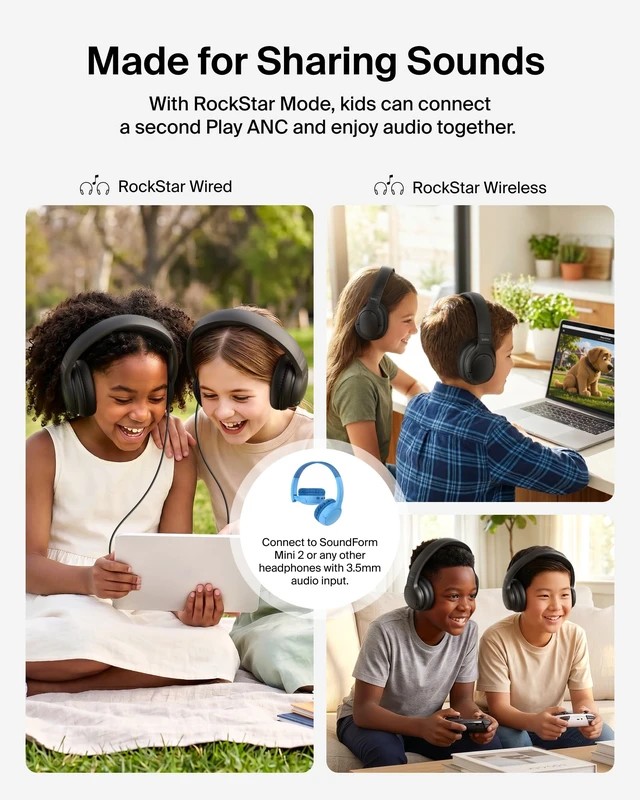 Alt view image 5 of 7 - SoundForm Noise Cancelling Headphones for Kids, Wired & Wireless Play ANC, 60H Playtime, Built-in Microphone, Audio Sharing, 85dB Safe Volume Limit, Foldable, for School, Classroom, Travel