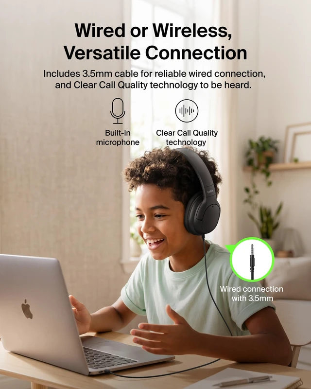 Alt view image 7 of 7 - SoundForm Noise Cancelling Headphones for Kids, Wired & Wireless Play ANC, 60H Playtime, Built-in Microphone, Audio Sharing, 85dB Safe Volume Limit, Foldable, for School, Classroom, Travel