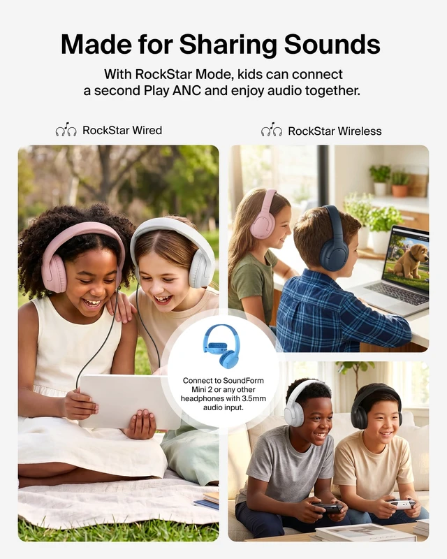 Alt view image 5 of 7 - SoundForm Noise Cancelling Headphones for Kids, Wired & Wireless Play ANC, 60H Playtime, Built-in Microphone, Audio Sharing, 85dB Safe Volume Limit, Foldable, for School, Classroom, Travel