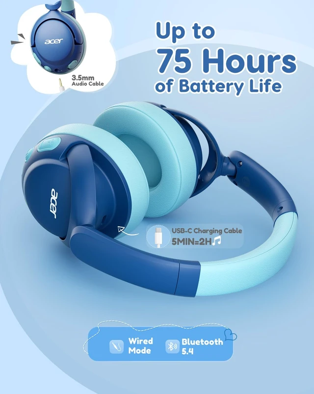 Alt view image 4 of 7 - Kids Bluetooth Headphones, 85dB Limiter, 75H, w/Mic OHR725 Foldable Wireless Over Ear Headphones, Bluetooth 5.4, for Toddler School/iPad/Tablet/PC/Travel, Blue