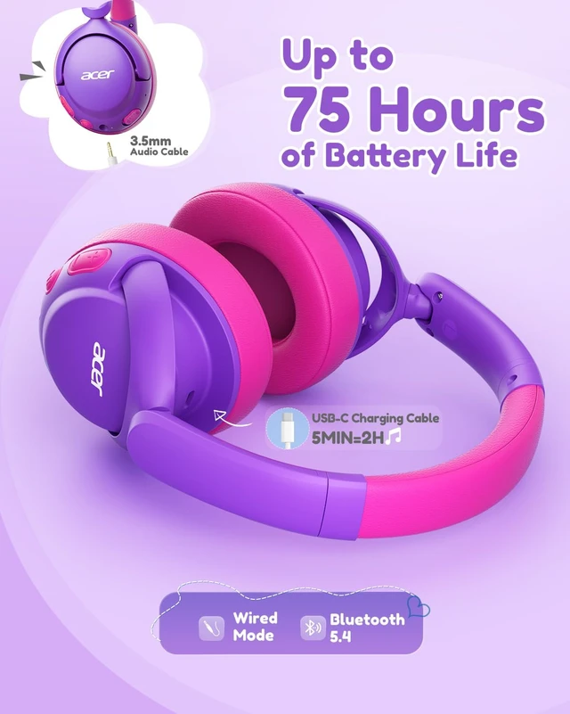 Alt view image 4 of 7 - Kids Bluetooth Headphones, 85dB Limiter, 75H, w/Mic OHR725 Foldable Wireless Over Ear Headphones, Bluetooth 5.4, for Toddler School/iPad/Tablet/PC/Travel, Purple-Pink