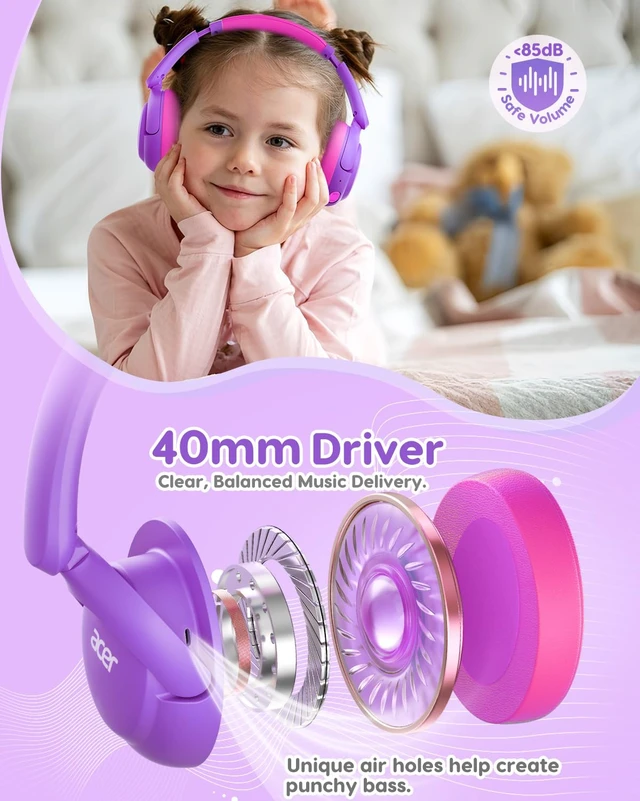 Alt view image 5 of 7 - Kids Bluetooth Headphones, 85dB Limiter, 75H, w/Mic OHR725 Foldable Wireless Over Ear Headphones, Bluetooth 5.4, for Toddler School/iPad/Tablet/PC/Travel, Purple-Pink
