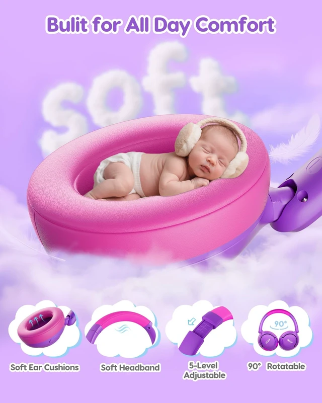Alt view image 7 of 7 - Kids Bluetooth Headphones, 85dB Limiter, 75H, w/Mic OHR725 Foldable Wireless Over Ear Headphones, Bluetooth 5.4, for Toddler School/iPad/Tablet/PC/Travel, Purple-Pink