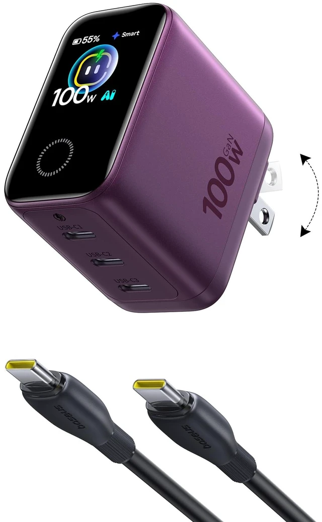 Main image of PicoGo Pro AH22 100W USB C Charger Fast Charging with Smart Display 3 Port GaN Charger, Intelligent Charging, AVS Charger for MacBook, iPhone Duo, iPhone 18 Series, Dark Cherry (Cable Included)