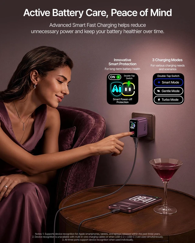 Alt view image 2 of 7 - PicoGo Pro AH22 100W USB C Charger Fast Charging with Smart Display 3 Port GaN Charger, Intelligent Charging, AVS Charger for MacBook, iPhone Duo, iPhone 18 Series, Dark Cherry (Cable Included)