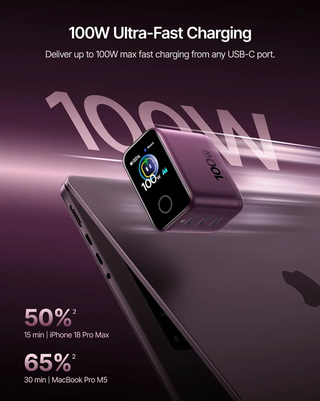 Alt view image 3 of 7 - PicoGo Pro AH22 100W USB C Charger Fast Charging with Smart Display 3 Port GaN Charger, Intelligent Charging, AVS Charger for MacBook, iPhone Duo, iPhone 18 Series, Dark Cherry (Cable Included)